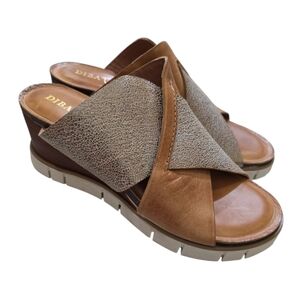 Diba True Leather Beachy Keen Wedge Sandals Brown Metallic Gold 10